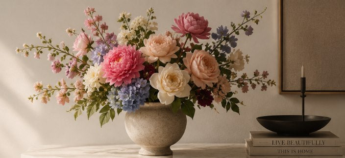 Colourful silk bouquet styled on a console table